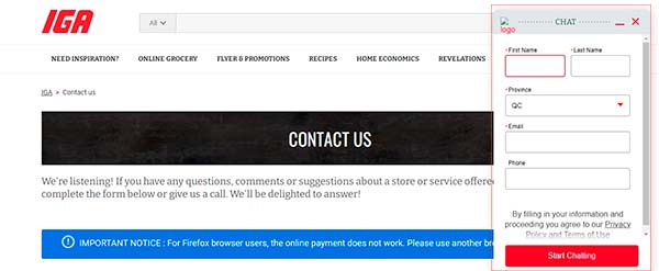 IGA Customer Service Online Chat